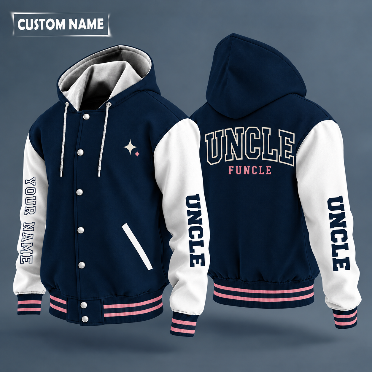Hooded letterman jacket with white sleeves, heart on the back, "UNCLE" lettering and a custom name down one sleeve in outlined capitals