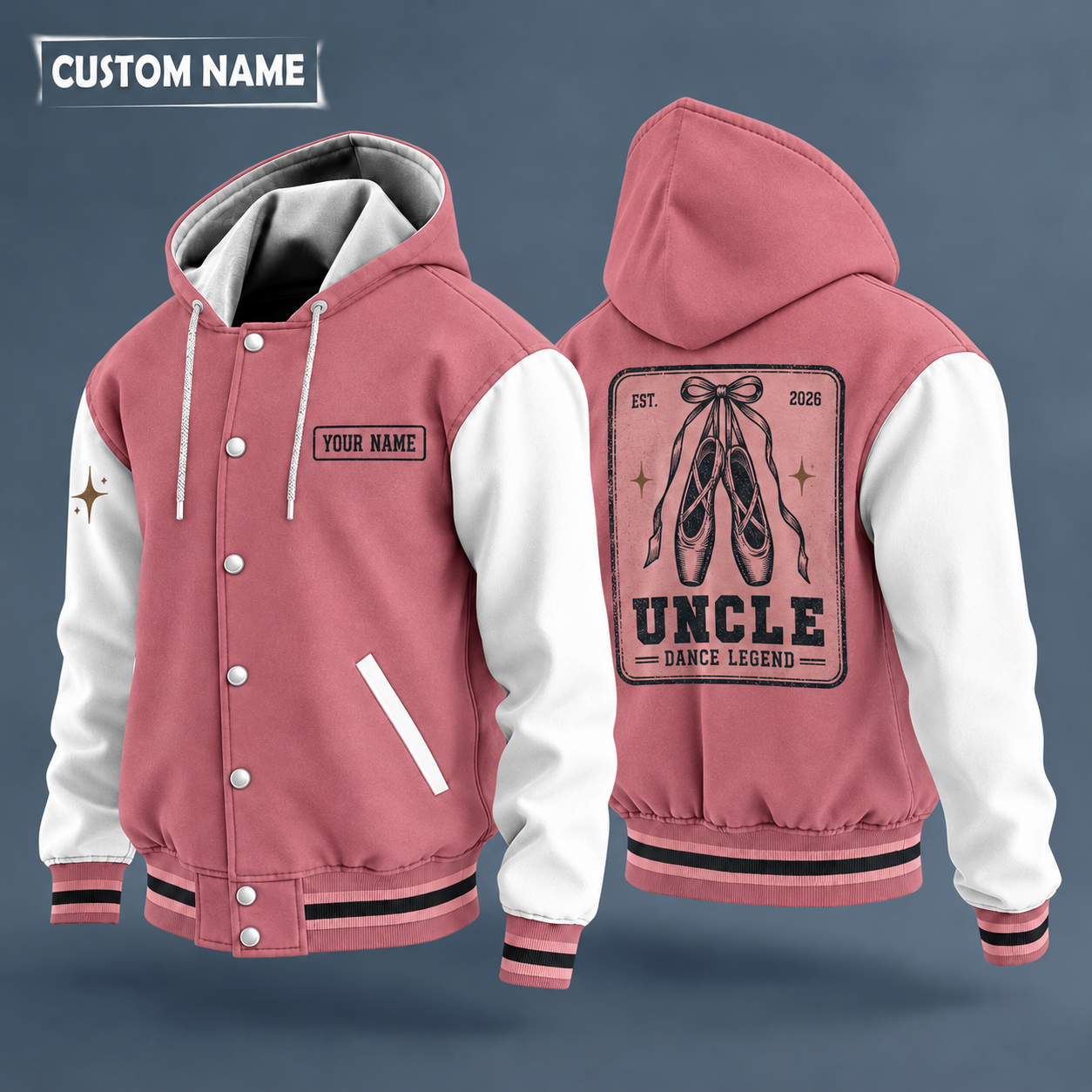 Hooded letterman jacket with white sleeves, ballet slippers on the back, "UNCLE" lettering and a custom name on a work-shirt style name tag print on the chest