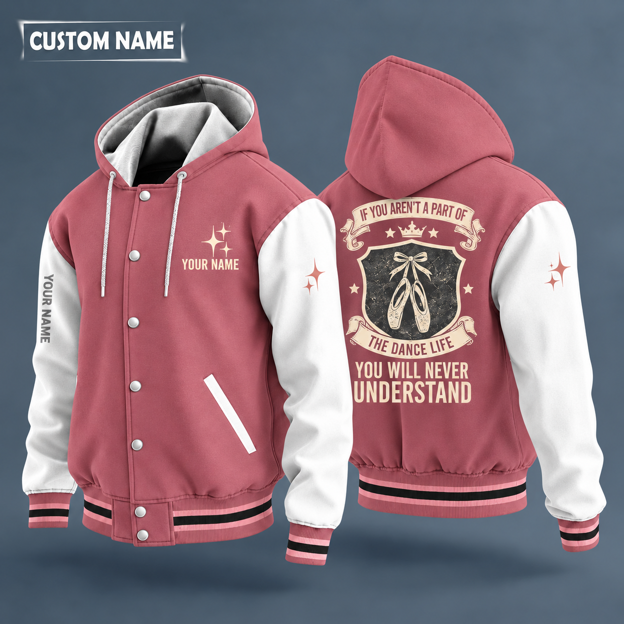 Hooded letterman jacket with white sleeves, ballet slippers on the back, "DANCE" lettering and a custom name on the chest under a small icon