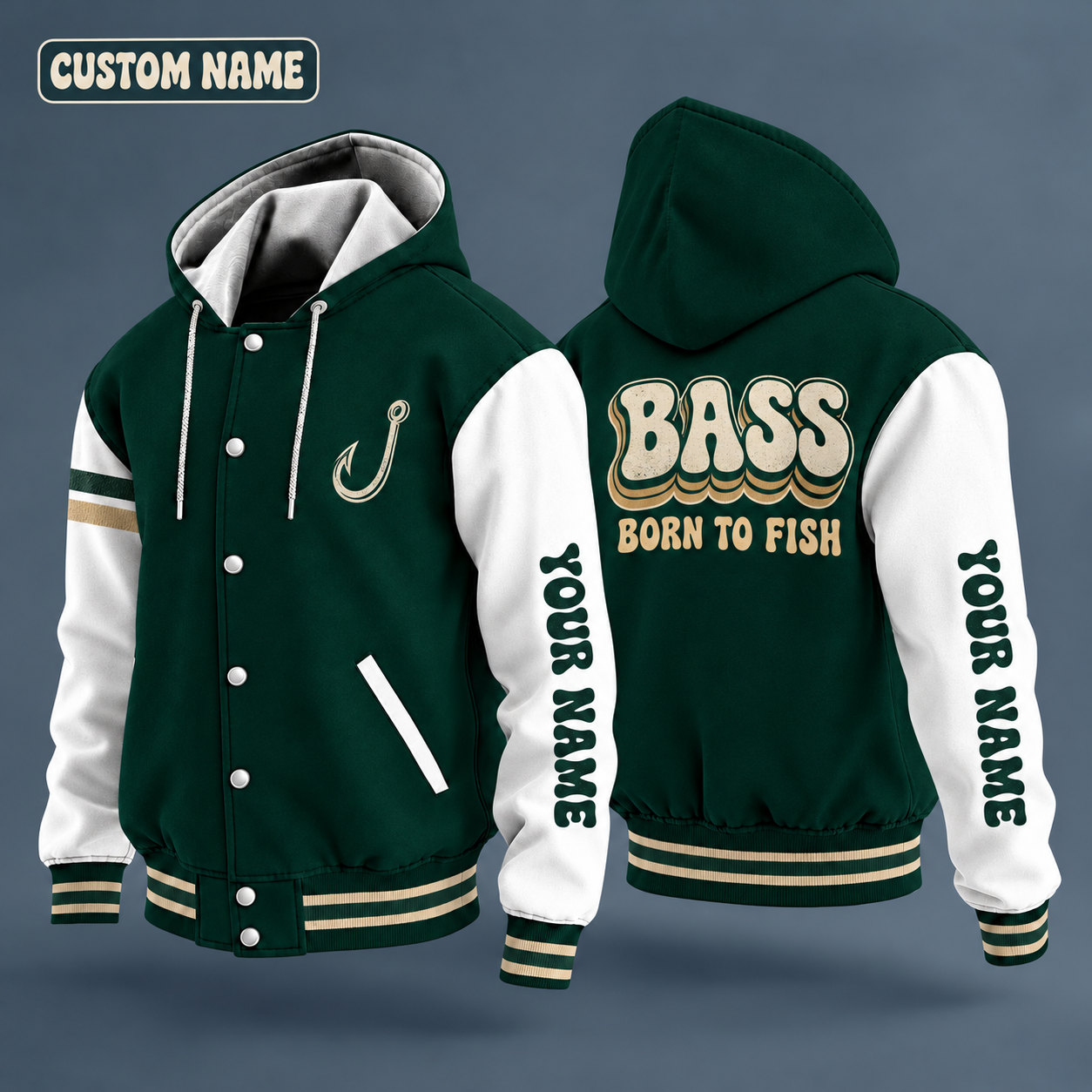 Hooded letterman jacket with white sleeves, largemouth bass jumping on the back, "BASS" lettering and a custom name down one sleeve in a retro font