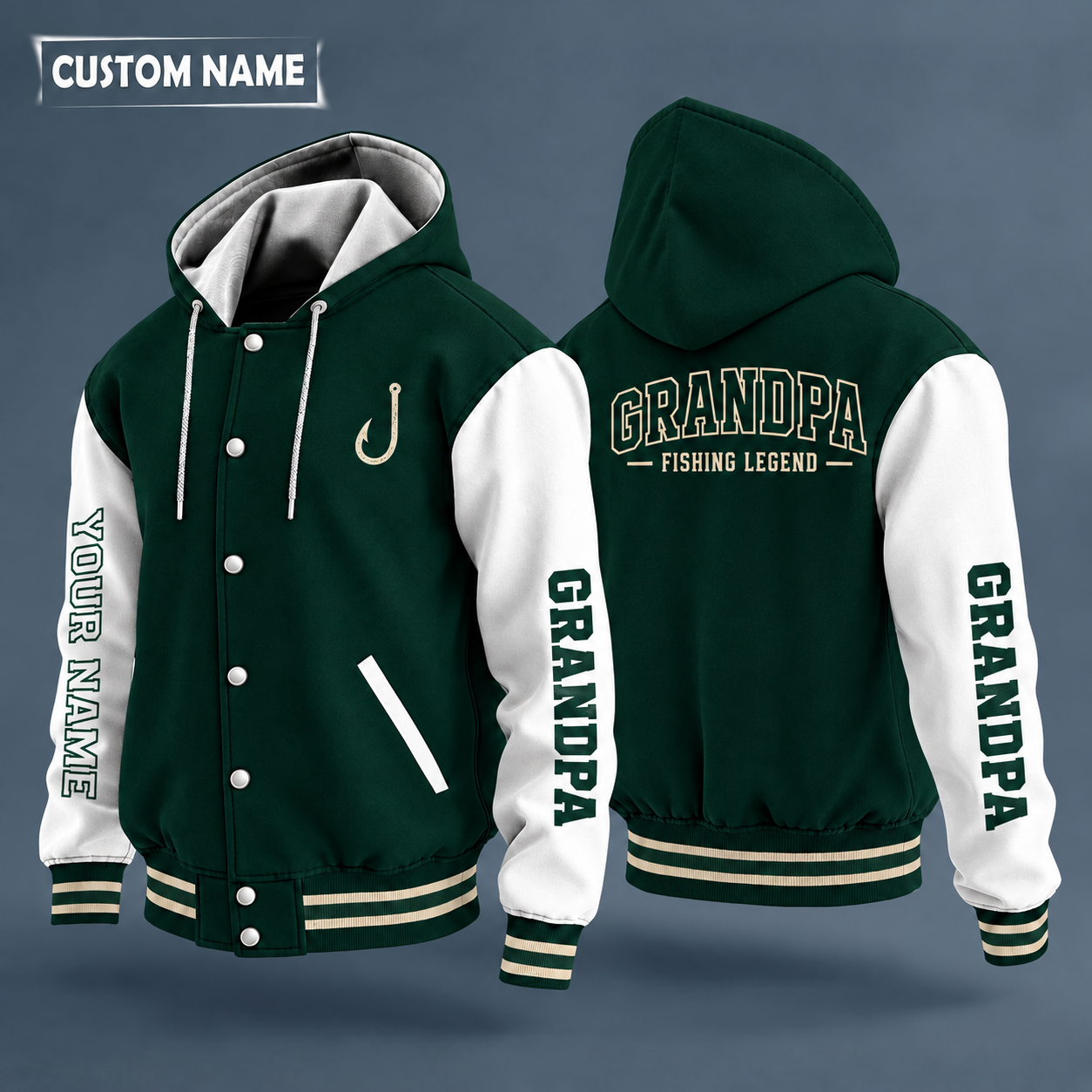 Hooded letterman jacket with white sleeves, largemouth bass jumping on the back, "GRANDPA" lettering and a custom name down one sleeve in outlined capitals
