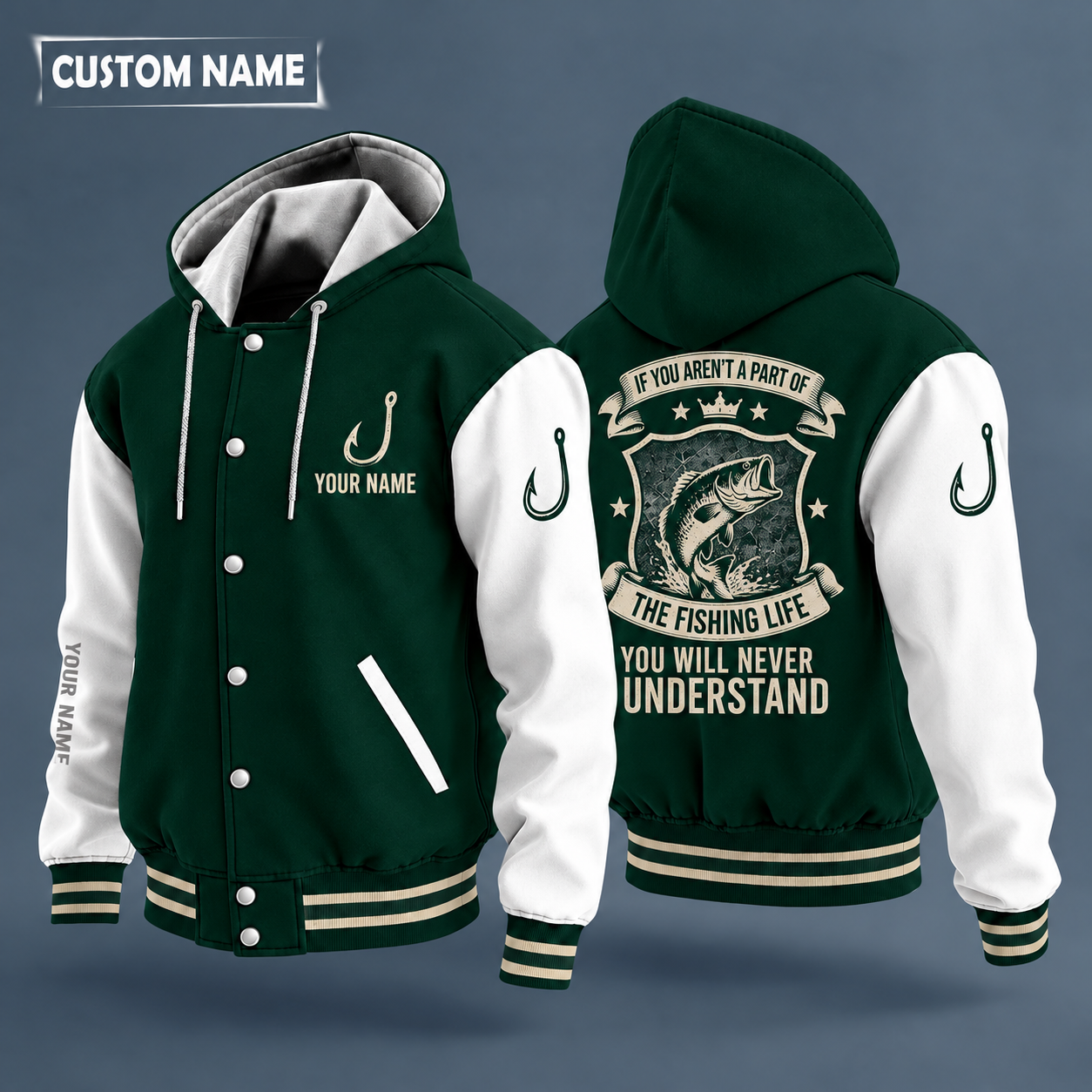 Hooded letterman jacket with white sleeves, largemouth bass jumping on the back, "FISHING" lettering and a custom name on the chest under a small icon