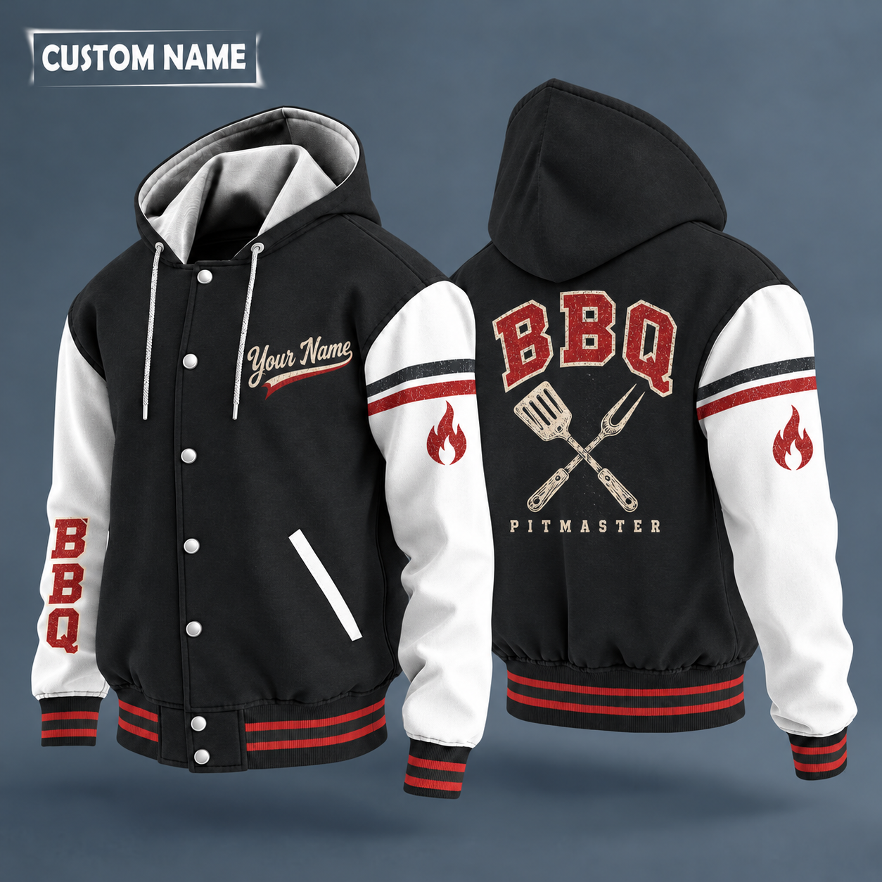 Hooded letterman jacket with white sleeves, crossed spatula and fork on the back, "BBQ" lettering and a custom name in script on the chest