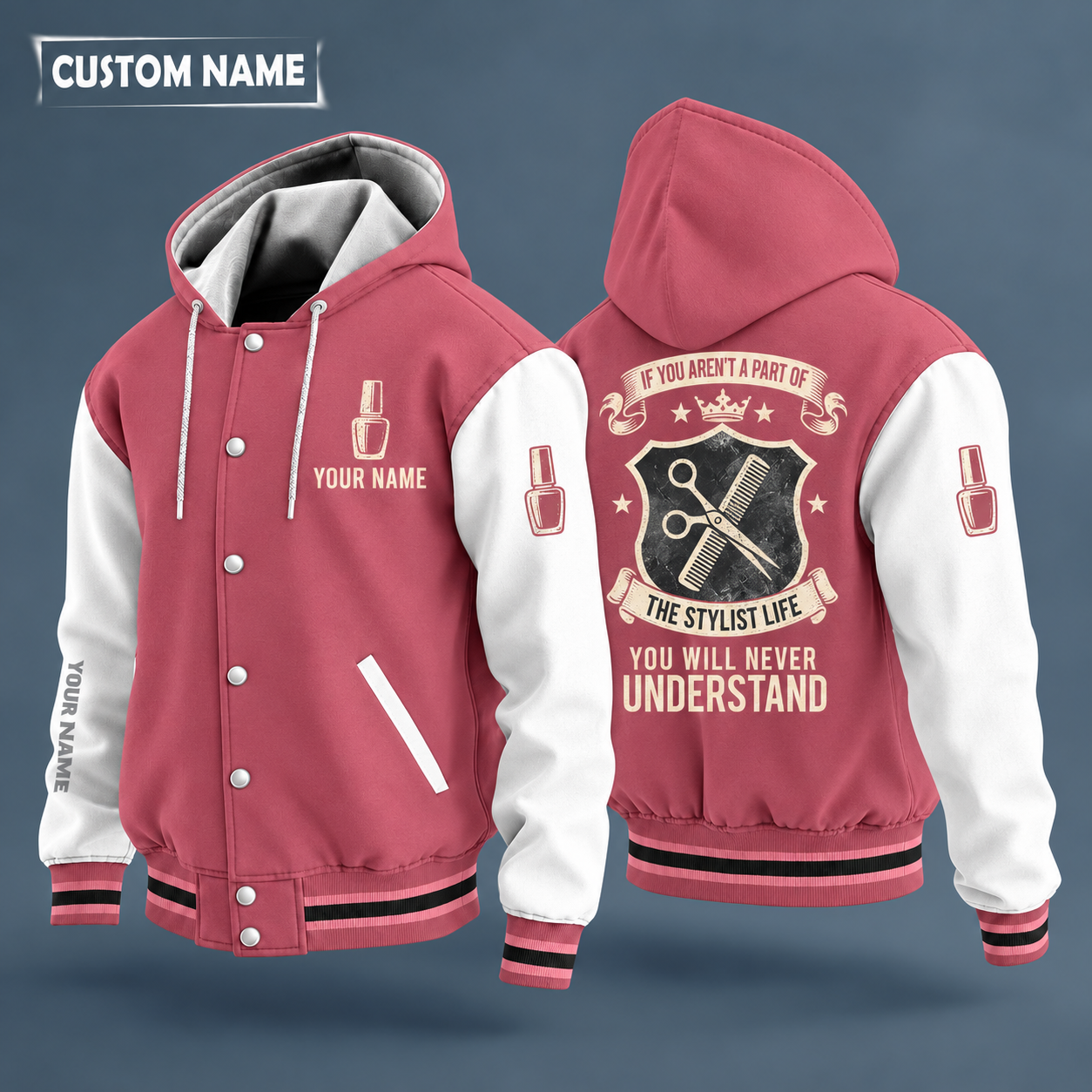Hooded letterman jacket with white sleeves, scissors and comb on the back, "STYLIST" lettering and a custom name on the chest under a small icon