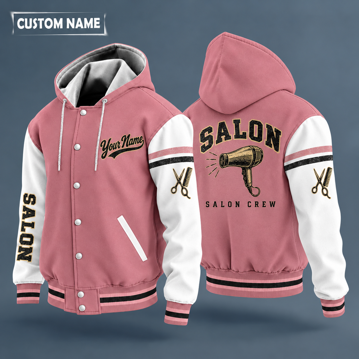 Hooded letterman jacket with white sleeves, hair dryer on the back, "SALON" lettering and a custom name in script on the chest