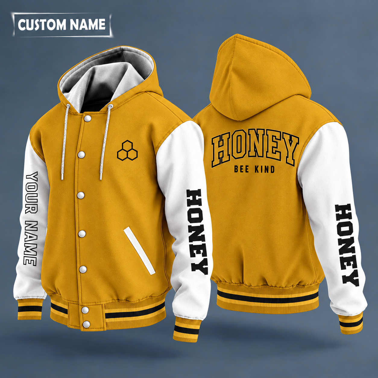 Hooded letterman jacket with white sleeves, honeybee on the back, "HONEY" lettering and a custom name down one sleeve in outlined capitals