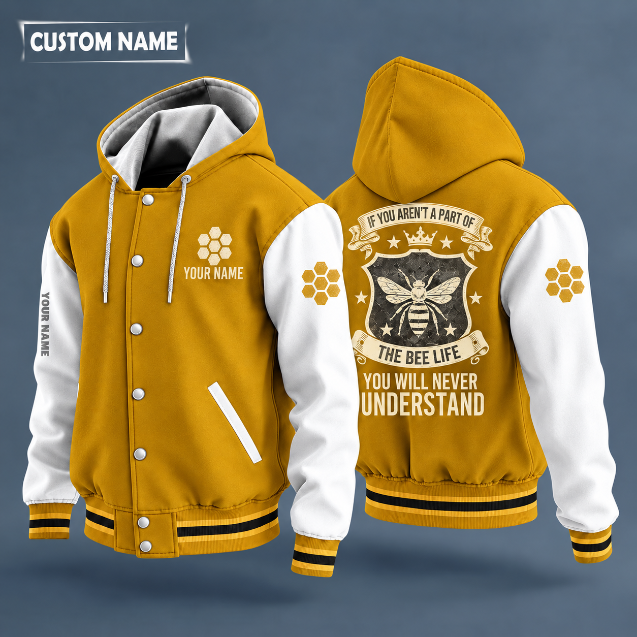 Hooded letterman jacket with white sleeves, honeybee on the back, "BEE KIND" lettering and a custom name on the chest under a small icon