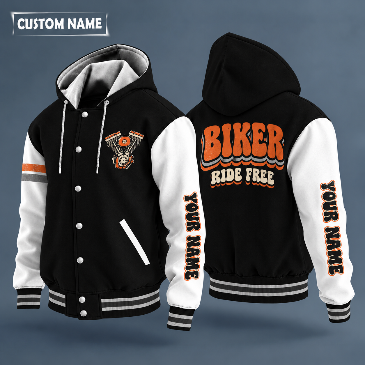 Hooded letterman jacket with white sleeves, winged wheel on the back, "BIKER" lettering and a custom name down one sleeve in a retro font