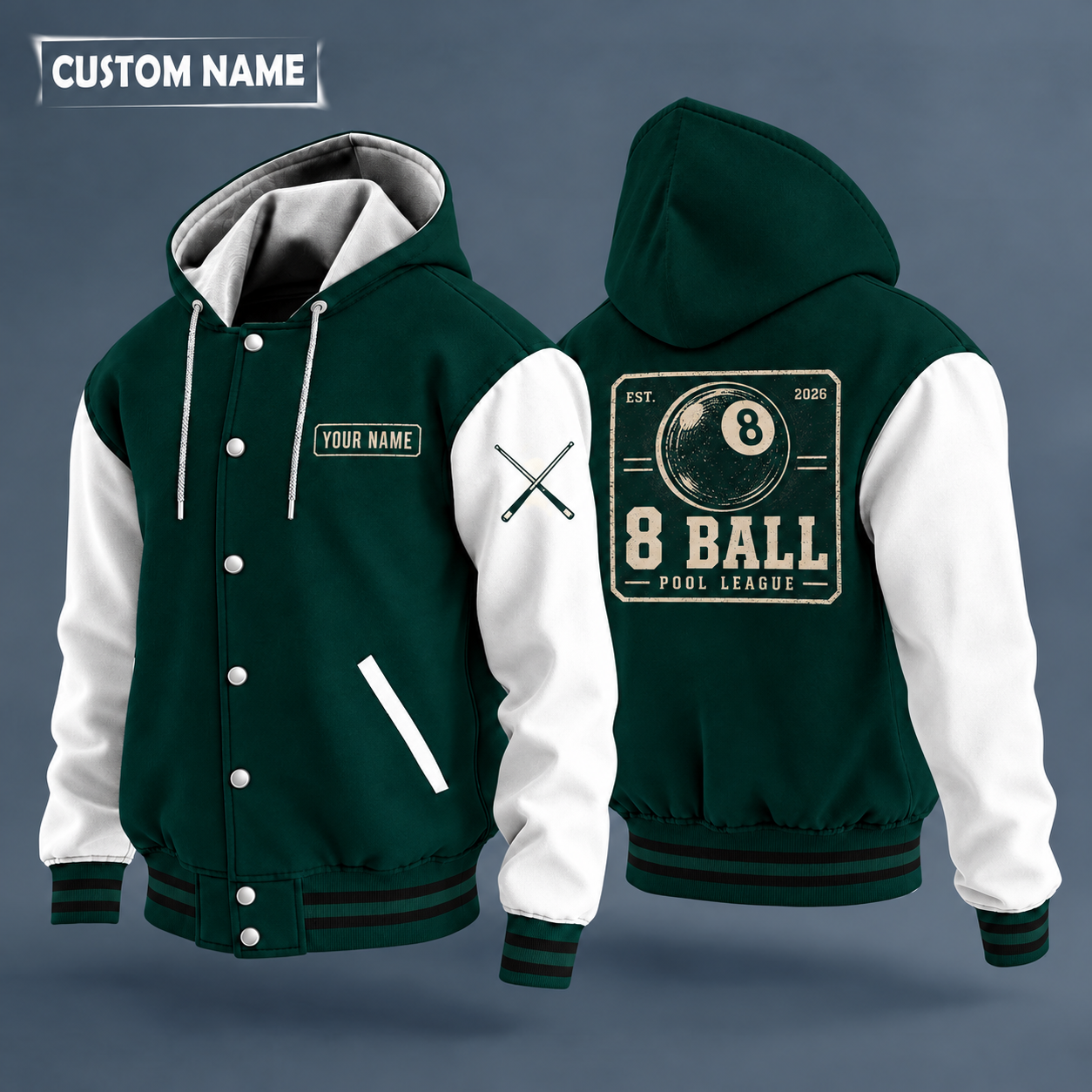 Hooded letterman jacket with white sleeves, 8 ball on the back, "8 BALL" lettering and a custom name on a work-shirt style name tag print on the chest