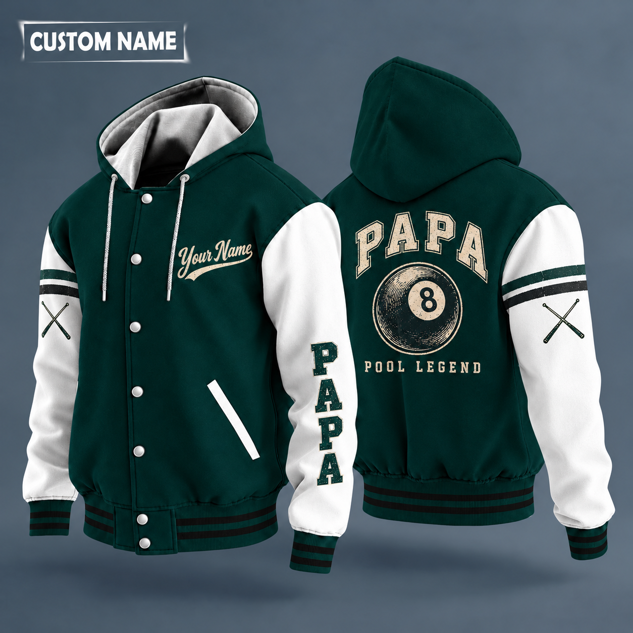 Hooded letterman jacket with white sleeves, 8 ball on the back, "PAPA" lettering and a custom name in script on the chest