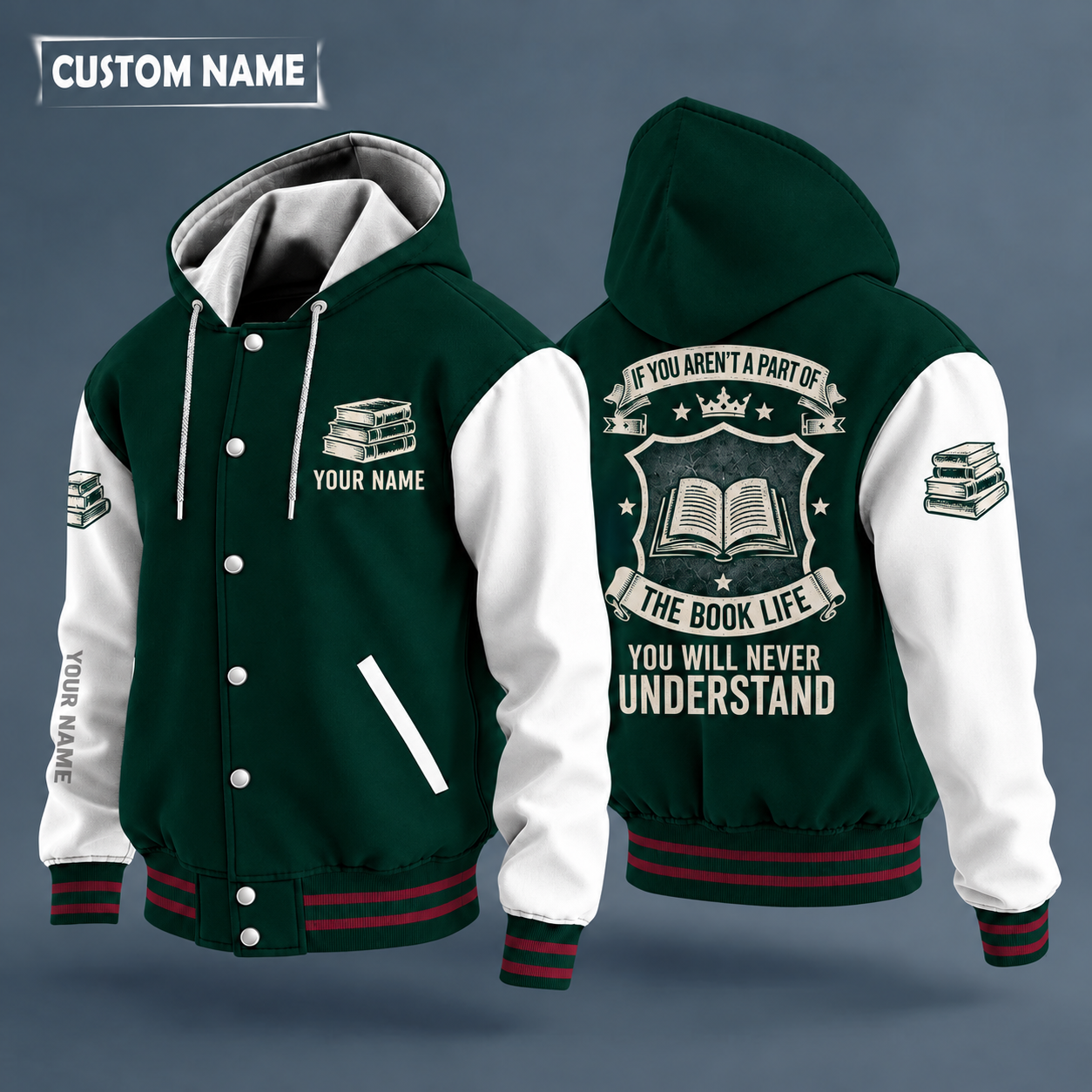 Hooded letterman jacket with white sleeves, open book on the back, "BOOKS" lettering and a custom name on the chest under a small icon