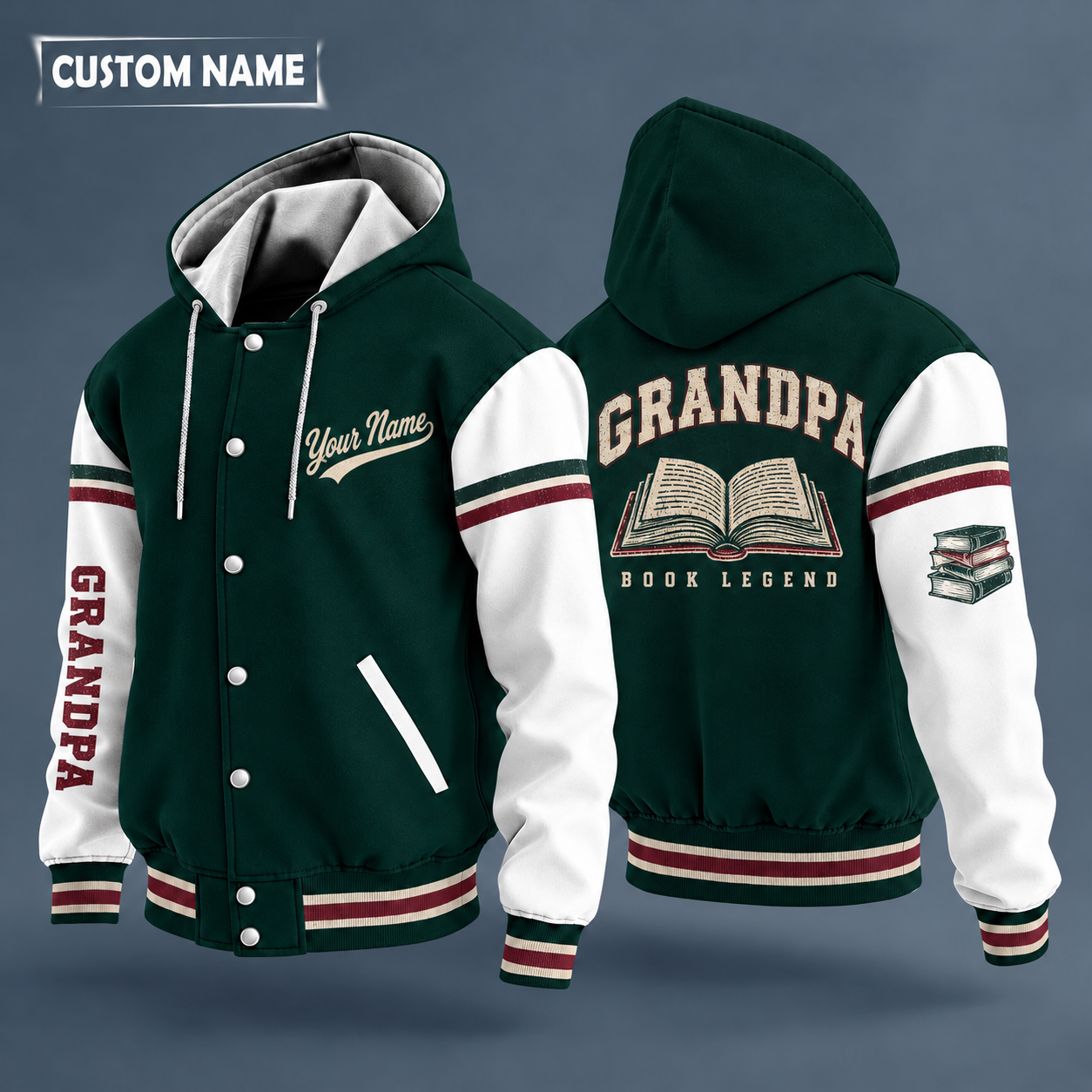 Hooded letterman jacket with white sleeves, open book on the back, "GRANDPA" lettering and a custom name in script on the chest