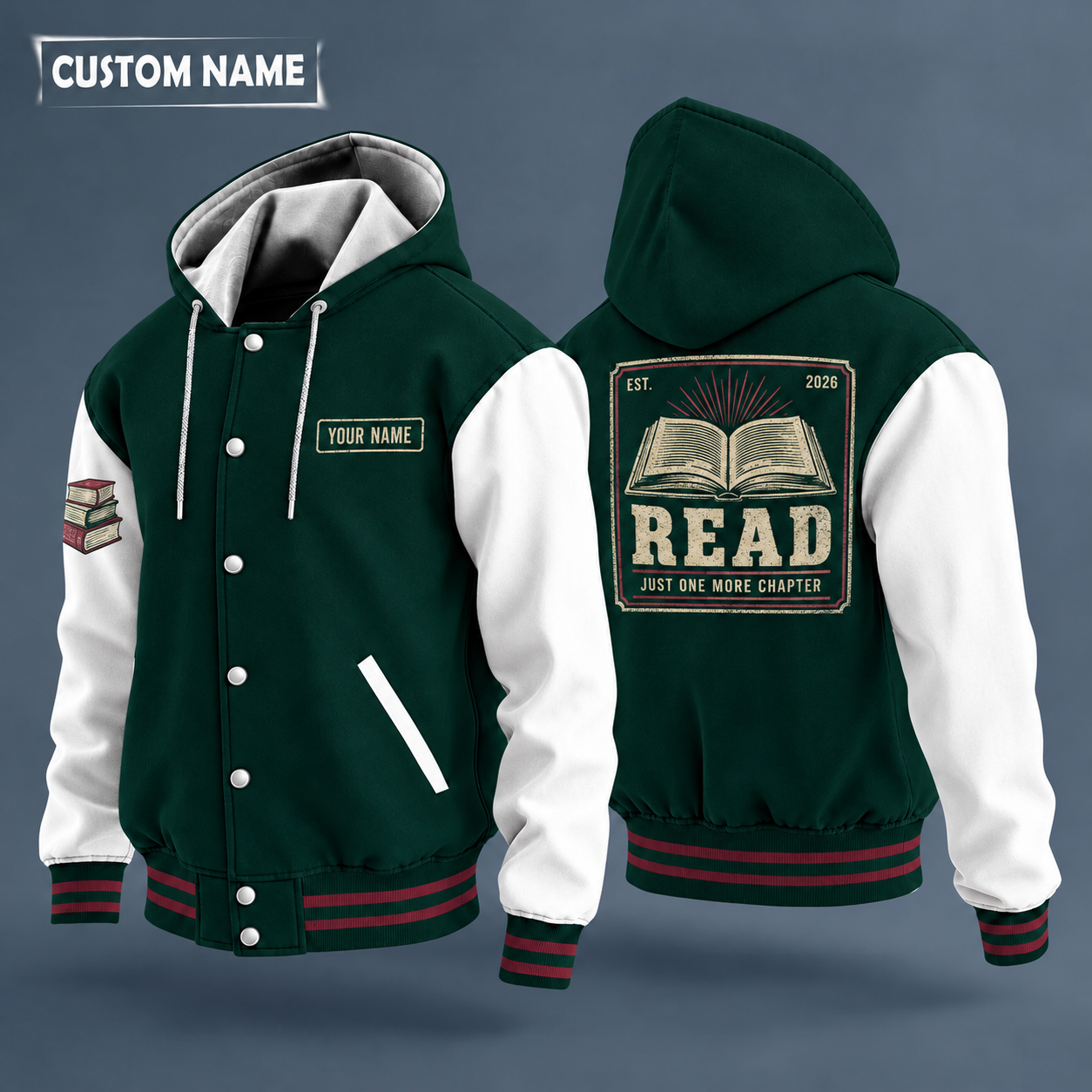 Hooded letterman jacket with white sleeves, open book on the back, "READ" lettering and a custom name on a work-shirt style name tag print on the chest