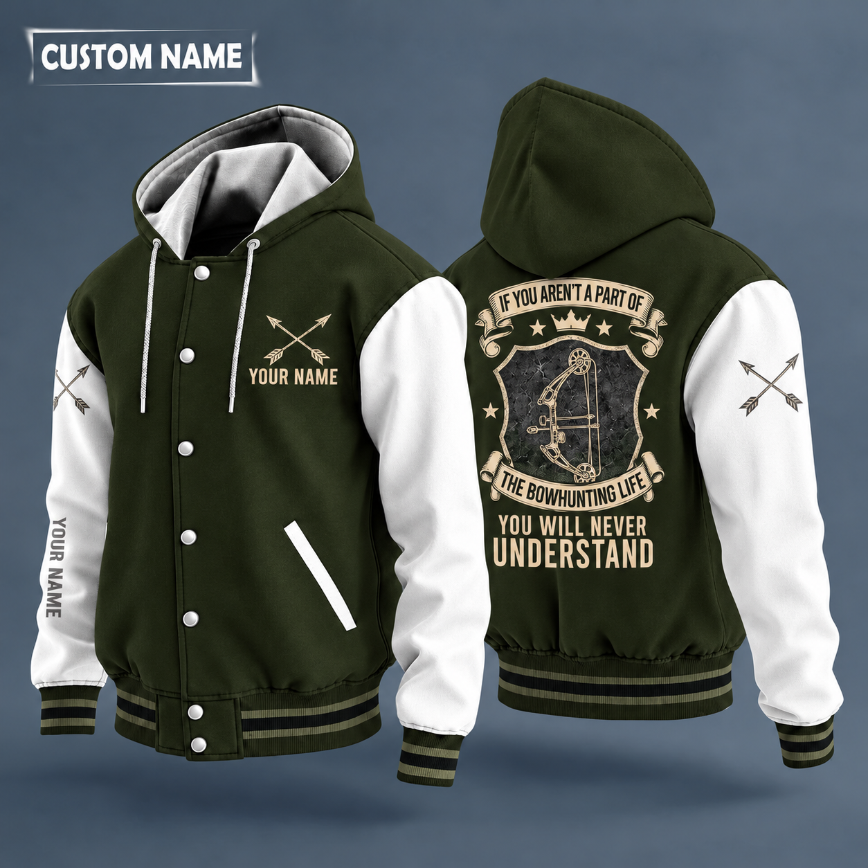 Hooded letterman jacket with white sleeves, compound bow on the back, "ARCHERY" lettering and a custom name on the chest under a small icon