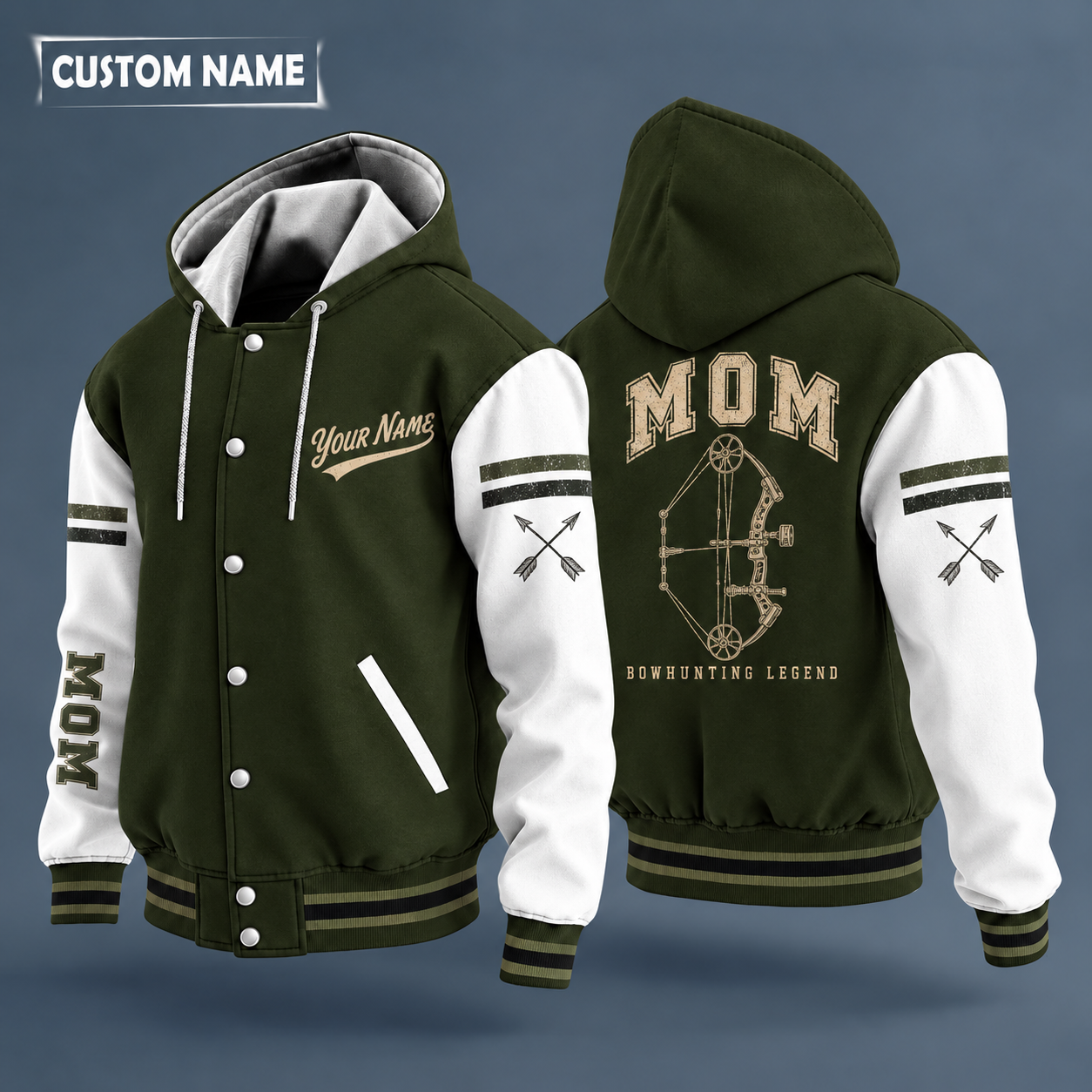 Hooded letterman jacket with white sleeves, compound bow on the back, "MOM" lettering and a custom name in script on the chest