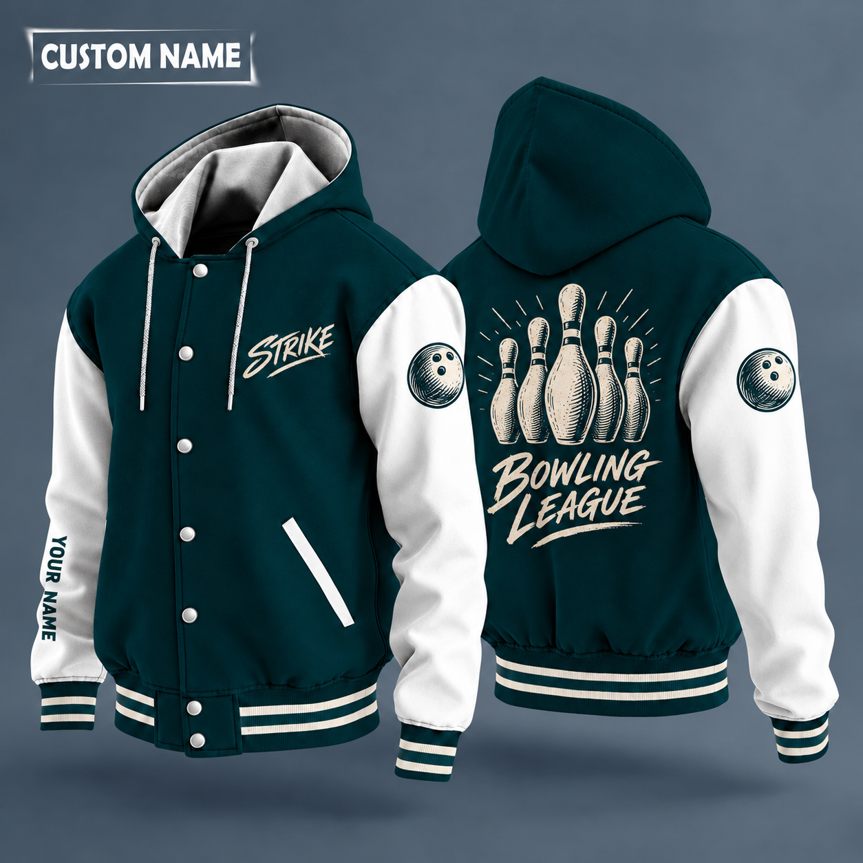 Hooded letterman jacket with white sleeves, bowling pins on the back, "STRIKE" lettering and a custom name down one sleeve
