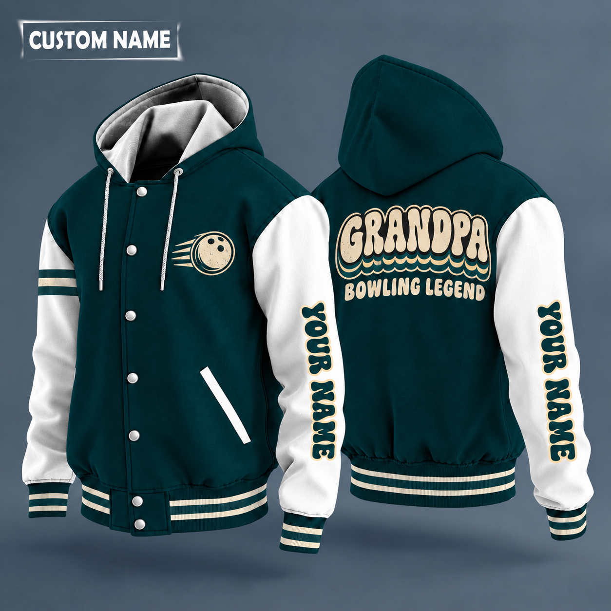 Hooded letterman jacket with white sleeves, bowling pins on the back, "GRANDPA" lettering and a custom name down one sleeve in a retro font