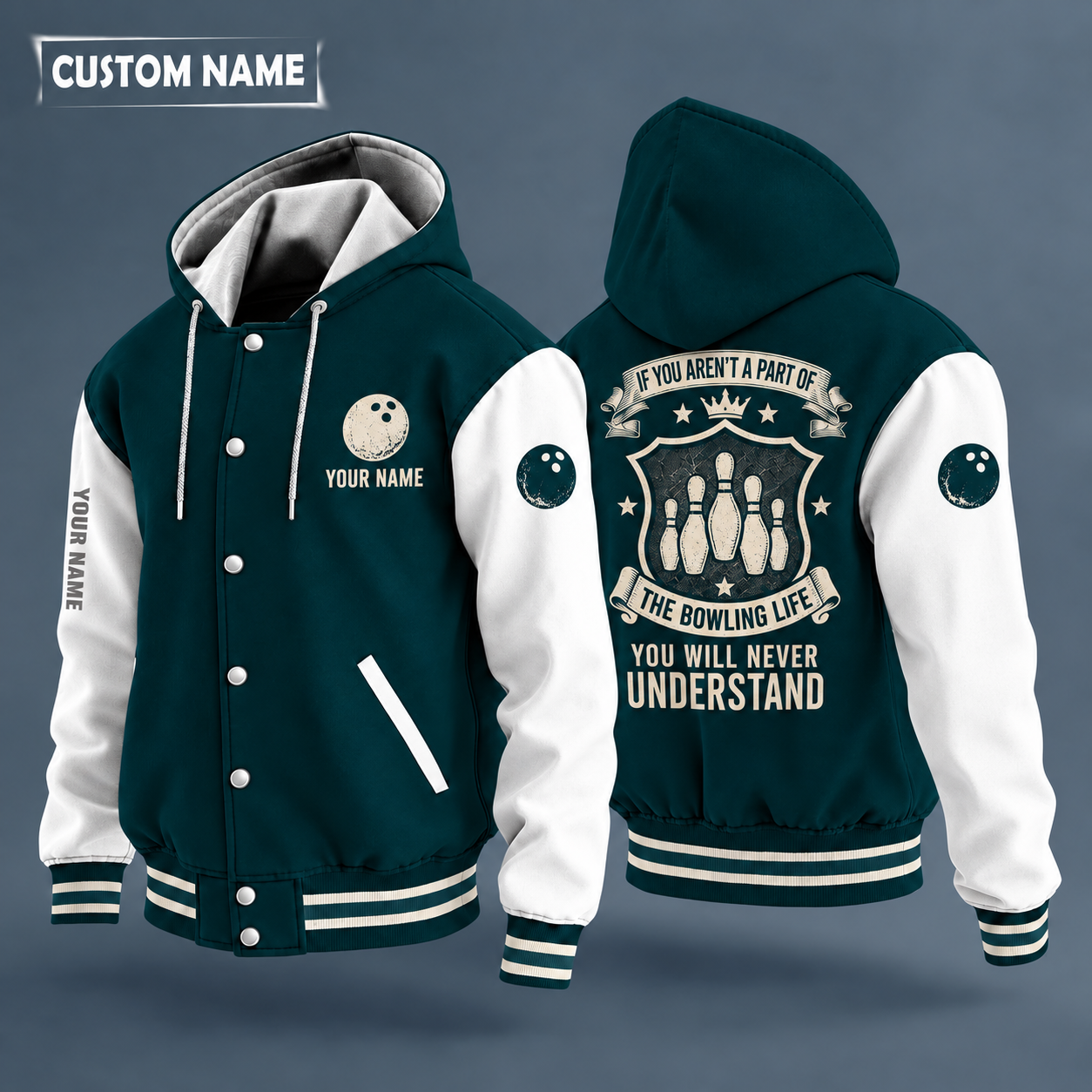 Hooded letterman jacket with white sleeves, bowling pins on the back, "300" lettering and a custom name on the chest under a small icon