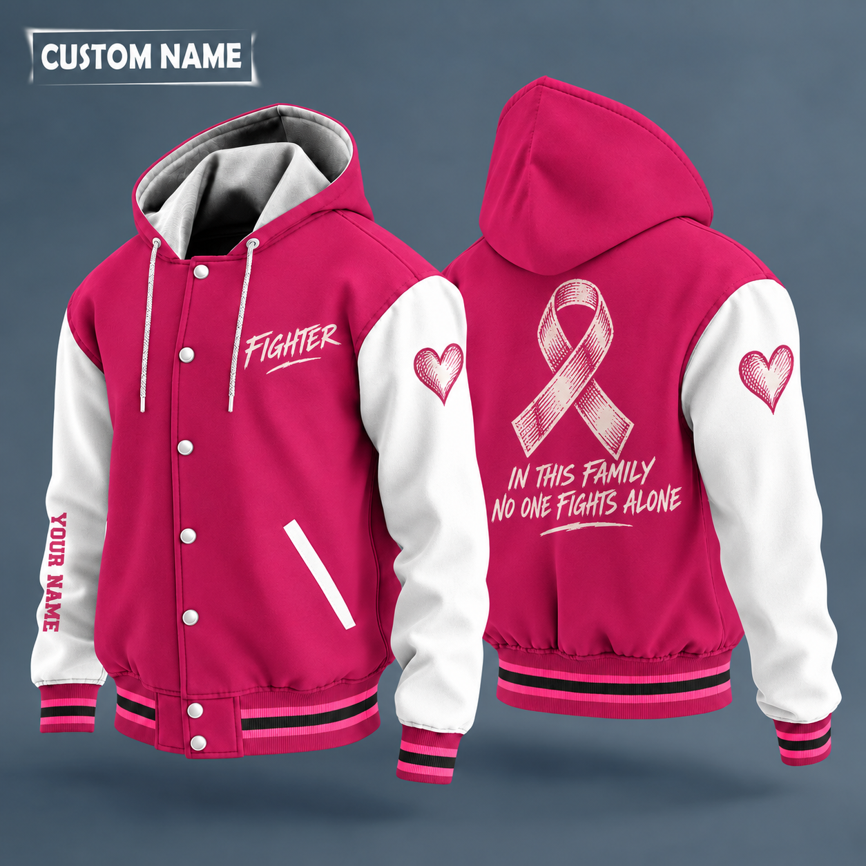 Hooded letterman jacket with white sleeves, pink ribbon on the back, "FIGHTER" lettering and a custom name down one sleeve