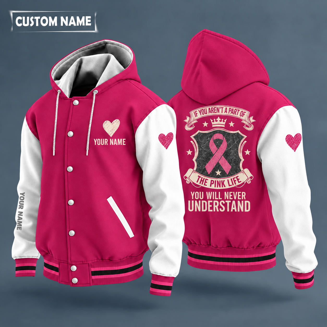 Hooded letterman jacket with white sleeves, pink ribbon on the back, "FIGHTER" lettering and a custom name on the chest under a small icon