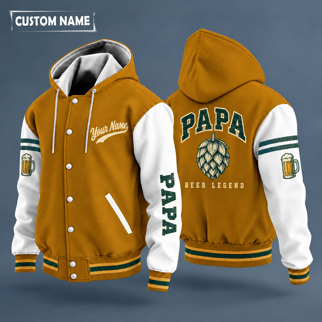 Hooded letterman jacket with white sleeves, hop cone on the back, "PAPA" lettering and a custom name in script on the chest