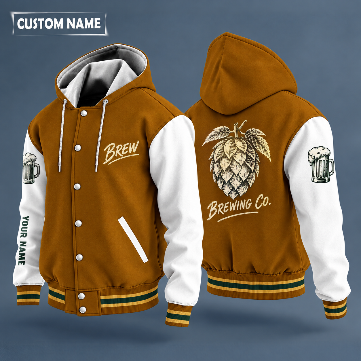 Hooded letterman jacket with white sleeves, hop cone on the back, "BREW" lettering and a custom name down one sleeve