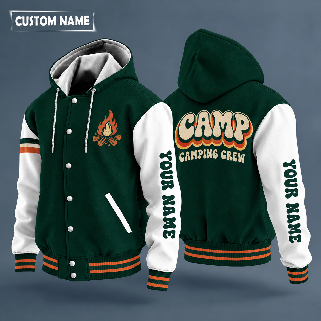 Hooded letterman jacket with white sleeves, tent on the back, "CAMP" lettering and a custom name down one sleeve in a retro font