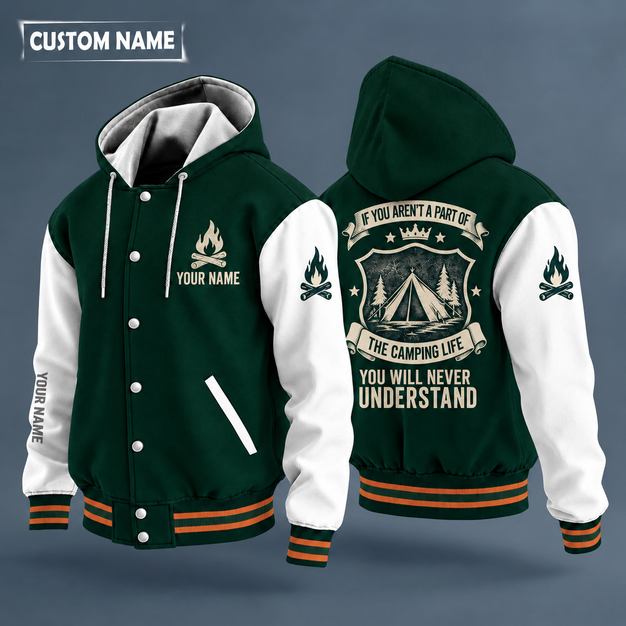 Hooded letterman jacket with white sleeves, tent on the back, "NANA" lettering and a custom name on the chest under a small icon