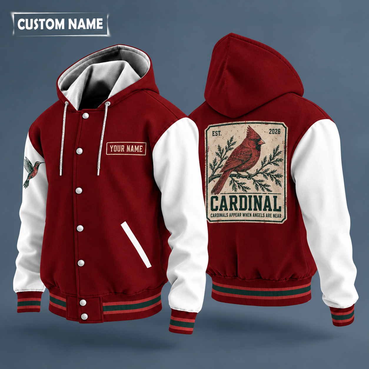 Hooded letterman jacket with white sleeves, red cardinal on a branch on the back, "CARDINAL" lettering and a custom name on a work-shirt style name tag print on the chest