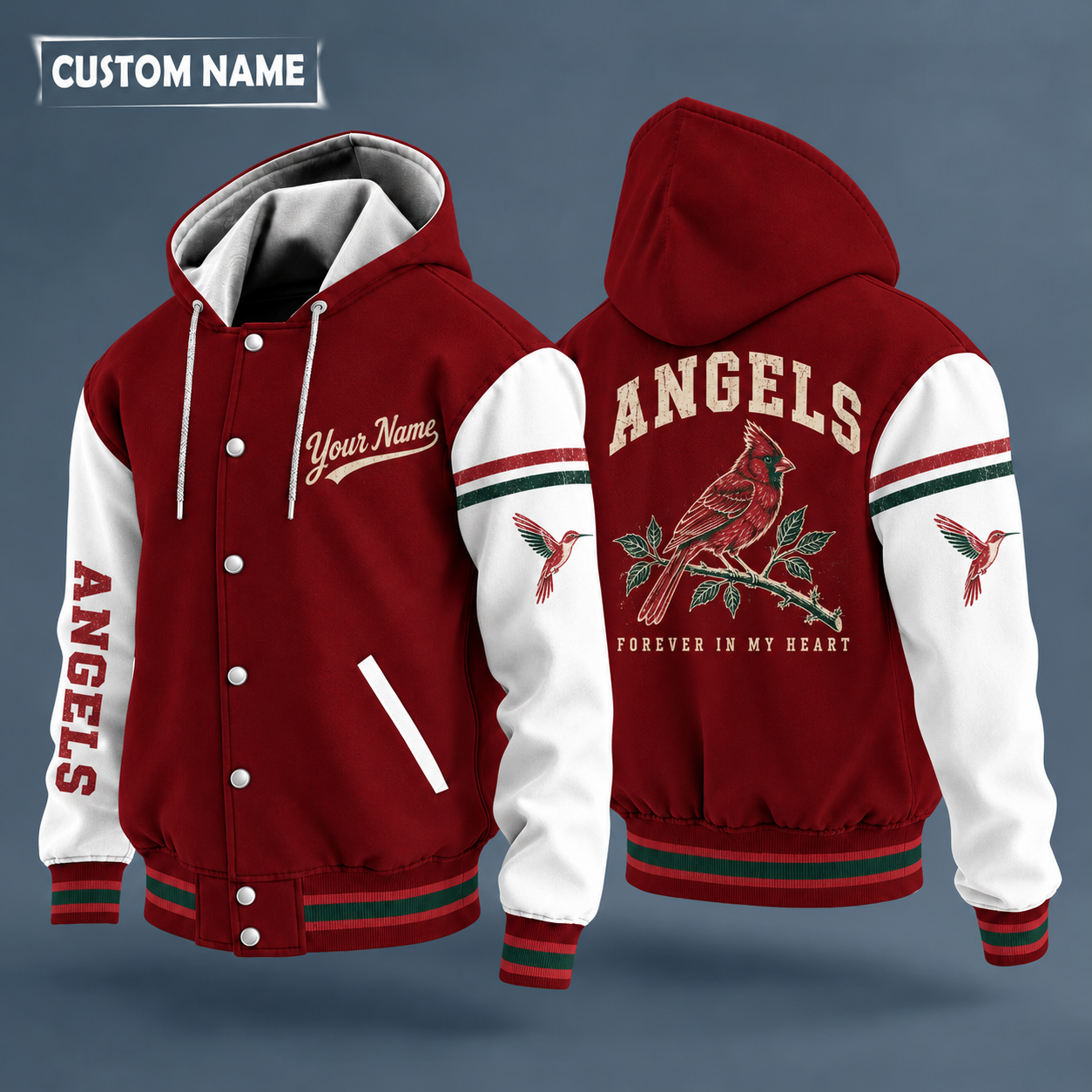 Hooded letterman jacket with white sleeves, red cardinal on a branch on the back, "ANGELS" lettering and a custom name in script on the chest