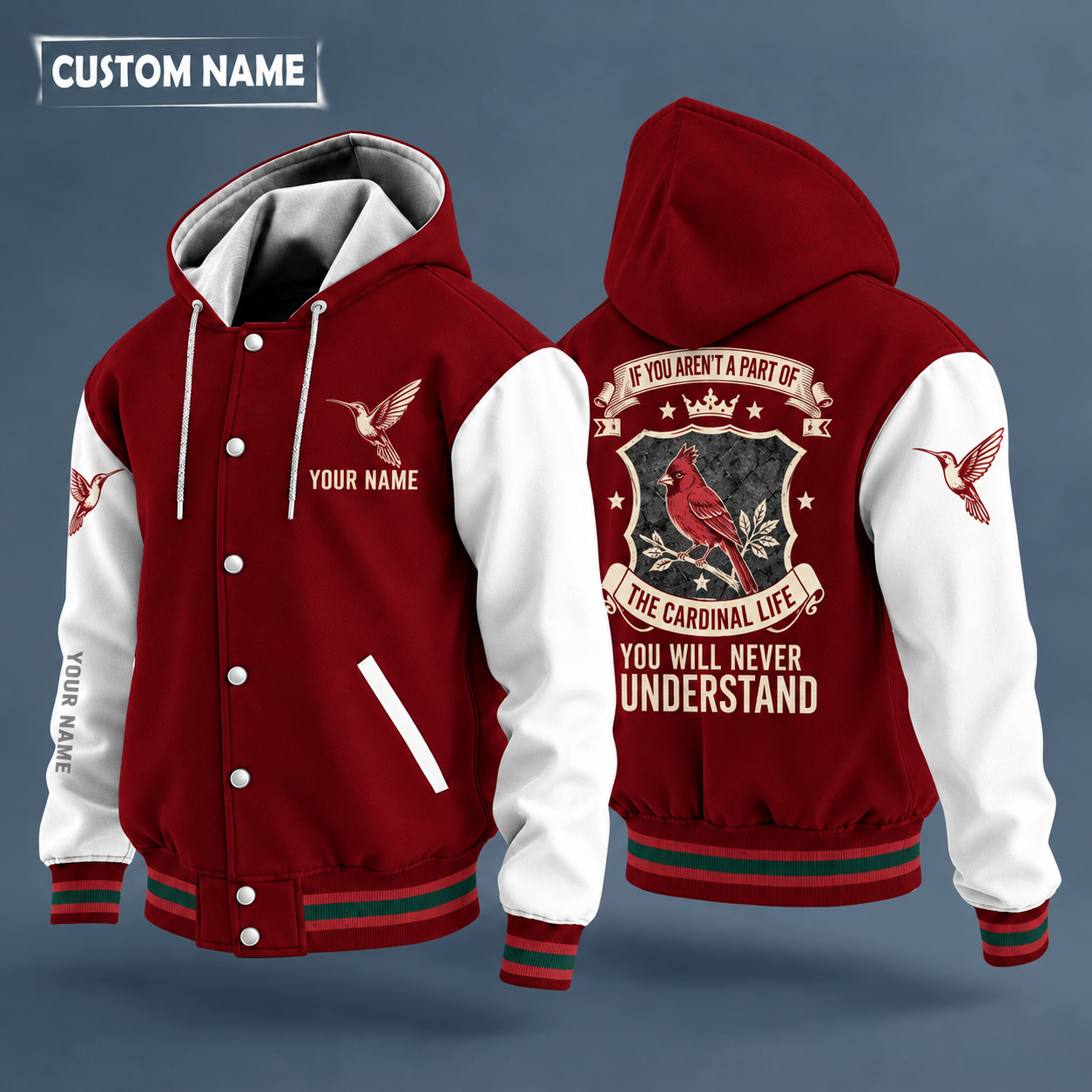 Hooded letterman jacket with white sleeves, red cardinal on a branch on the back, "CARDINAL" lettering and a custom name on the chest under a small icon