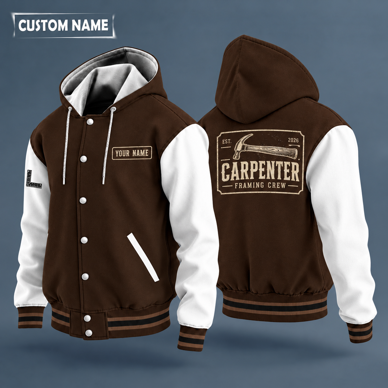 Hooded letterman jacket with white sleeves, framing hammer on the back, "CARPENTER" lettering and a custom name on a work-shirt style name tag print on the chest