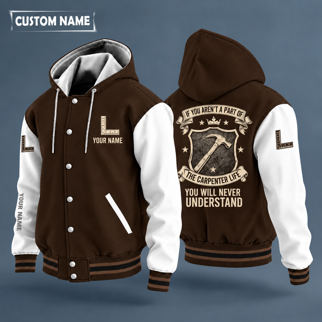 Hooded letterman jacket with white sleeves, framing hammer on the back, "GRANDPA" lettering and a custom name on the chest under a small icon