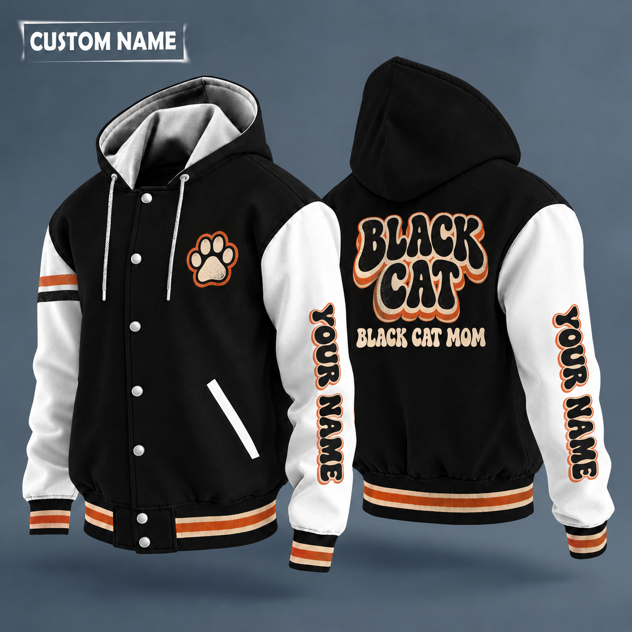 Hooded letterman jacket with white sleeves, black cat sitting on the back, "BLACK CAT" lettering and a custom name down one sleeve in a retro font