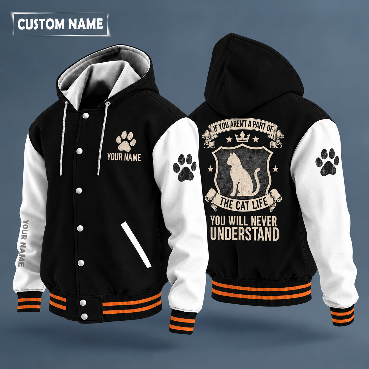 Hooded letterman jacket with white sleeves, cat on the back, "MEOW" lettering and a custom name on the chest under a small icon