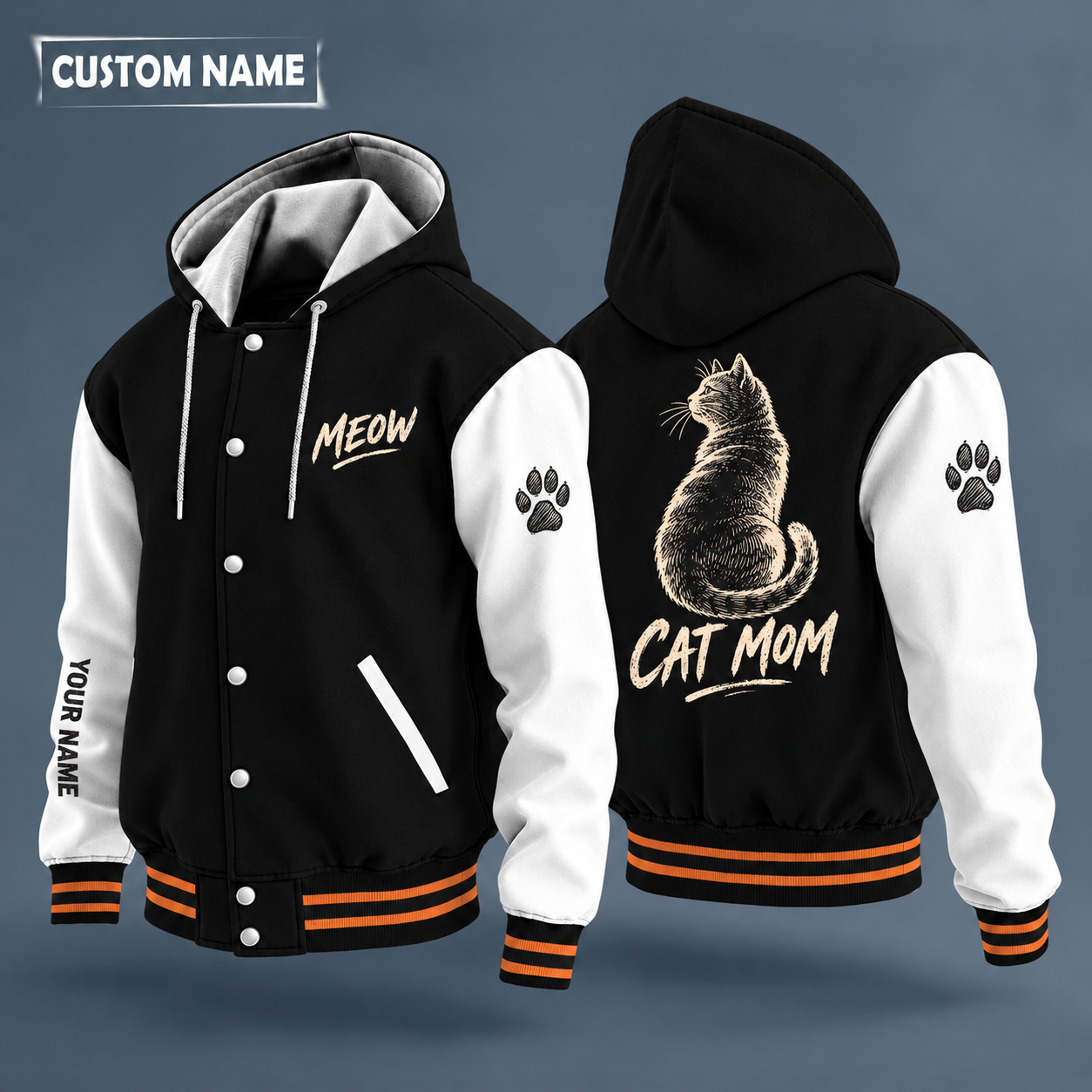 Hooded letterman jacket with white sleeves, cat on the back, "MEOW" lettering and a custom name down one sleeve