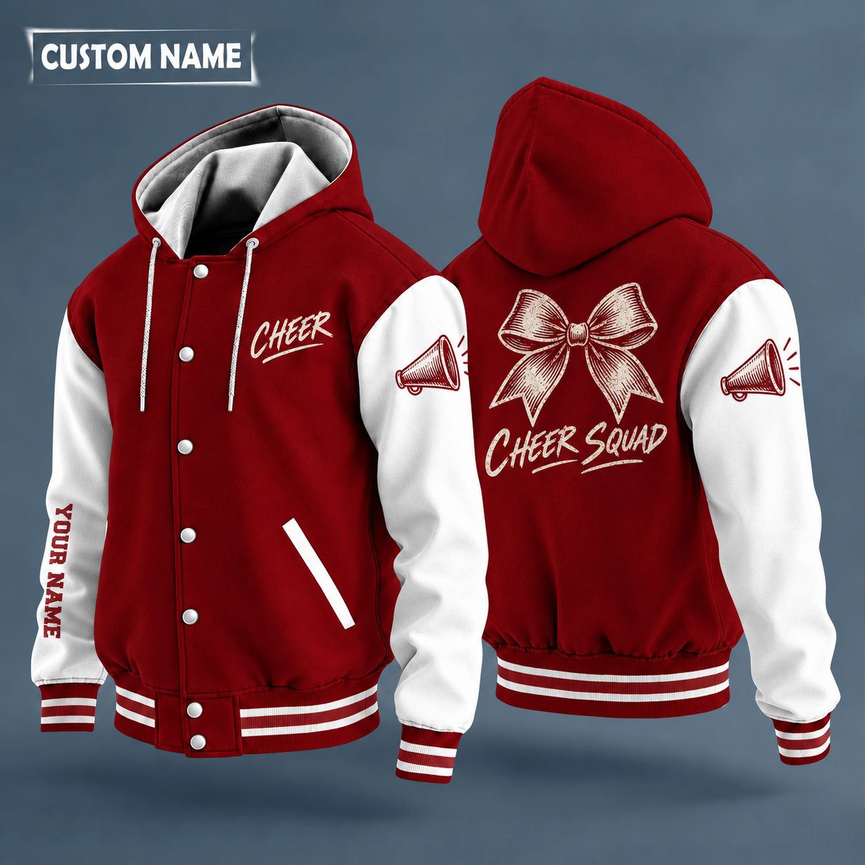 Hooded letterman jacket with white sleeves, cheer bow on the back, "CHEER" lettering and a custom name down one sleeve