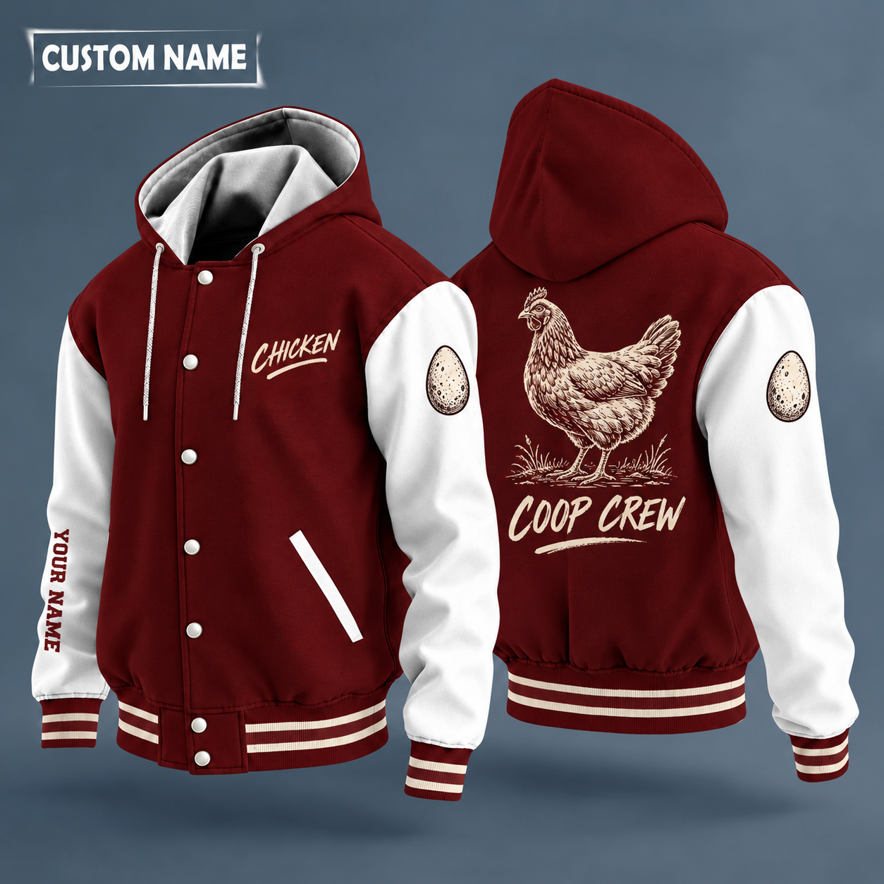 Hooded letterman jacket with white sleeves, hen on the back, "CHICKEN" lettering and a custom name down one sleeve