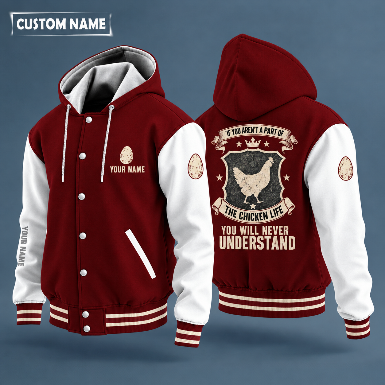 Hooded letterman jacket with white sleeves, hen on the back, "COOP" lettering and a custom name on the chest under a small icon