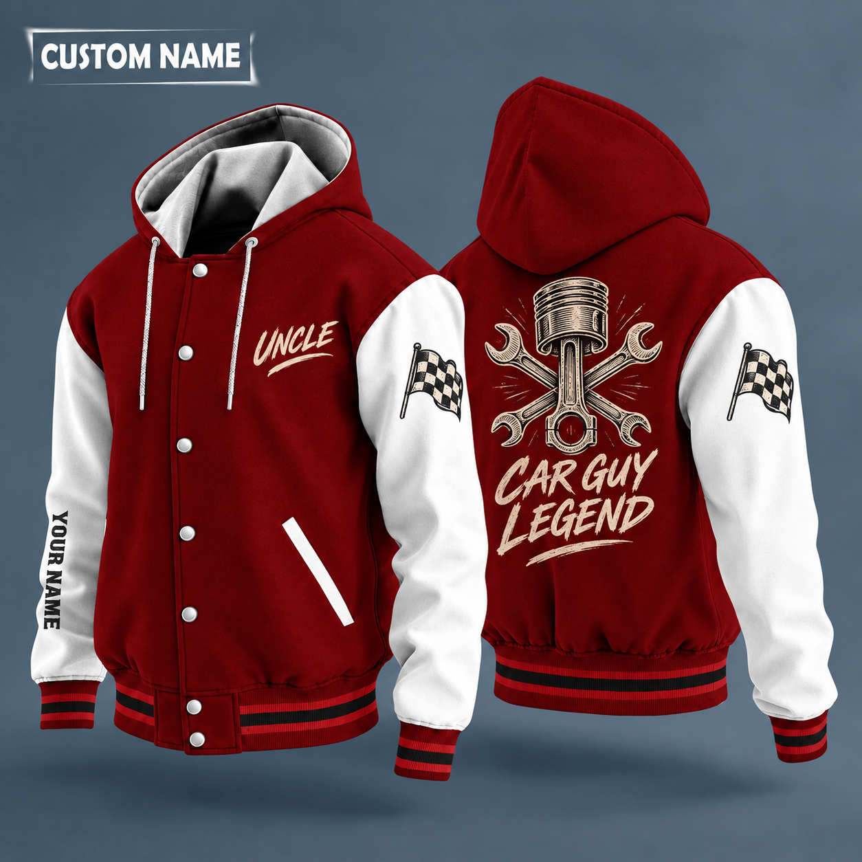 Hooded letterman jacket with white sleeves, piston and wrench on the back, "UNCLE" lettering and a custom name down one sleeve