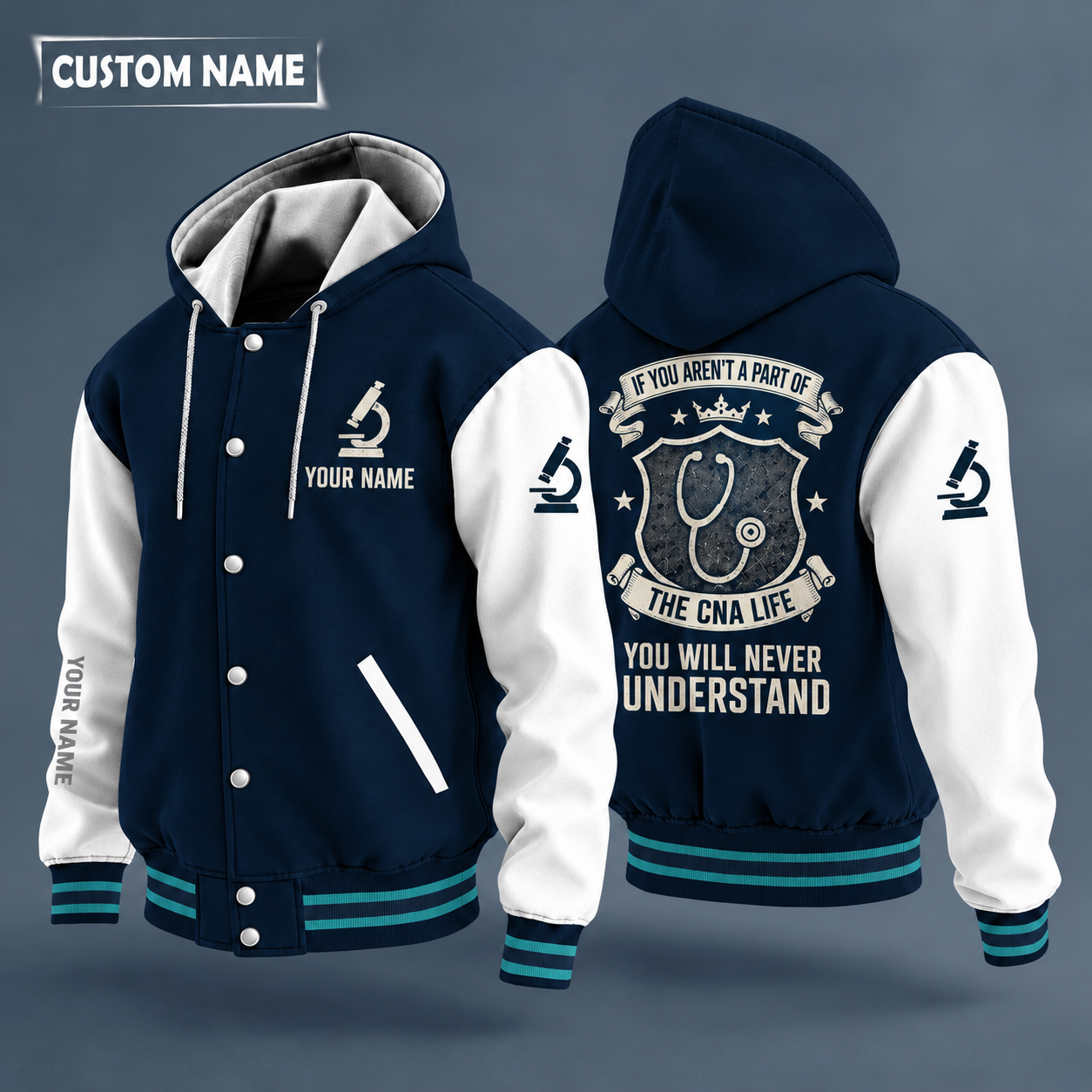 Hooded letterman jacket with white sleeves, stethoscope on the back, "CNA" lettering and a custom name on the chest under a small icon