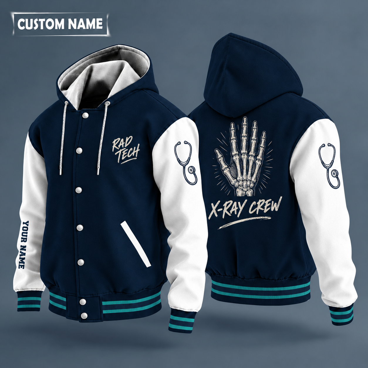 Hooded letterman jacket with white sleeves, x-ray of a hand on the back, "RAD TECH" lettering and a custom name down one sleeve