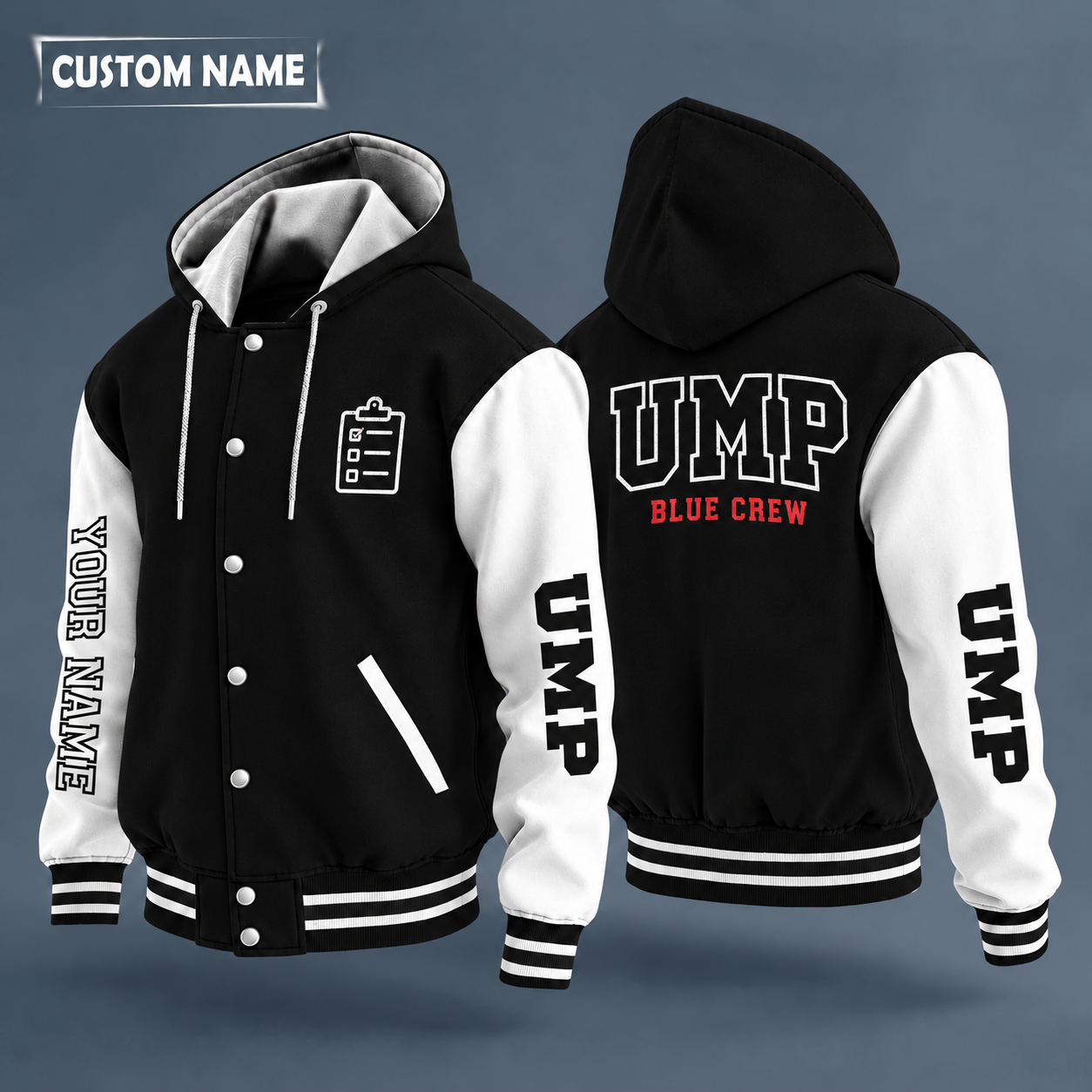 Hooded letterman jacket with white sleeves, whistle on the back, "UMP" lettering and a custom name down one sleeve in outlined capitals