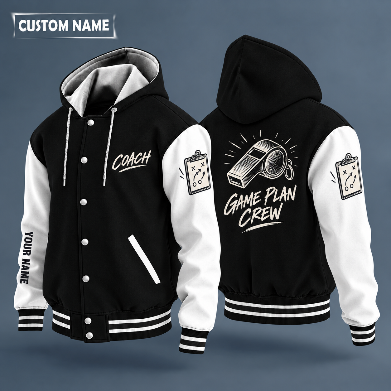 Hooded letterman jacket with white sleeves, whistle on the back, "COACH" lettering and a custom name down one sleeve