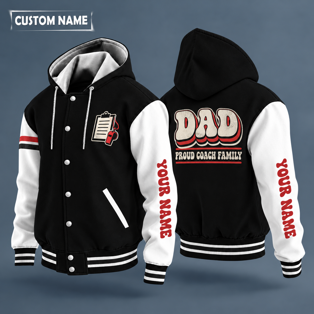 Hooded letterman jacket with white sleeves, whistle on the back, "DAD" lettering and a custom name down one sleeve in a retro font