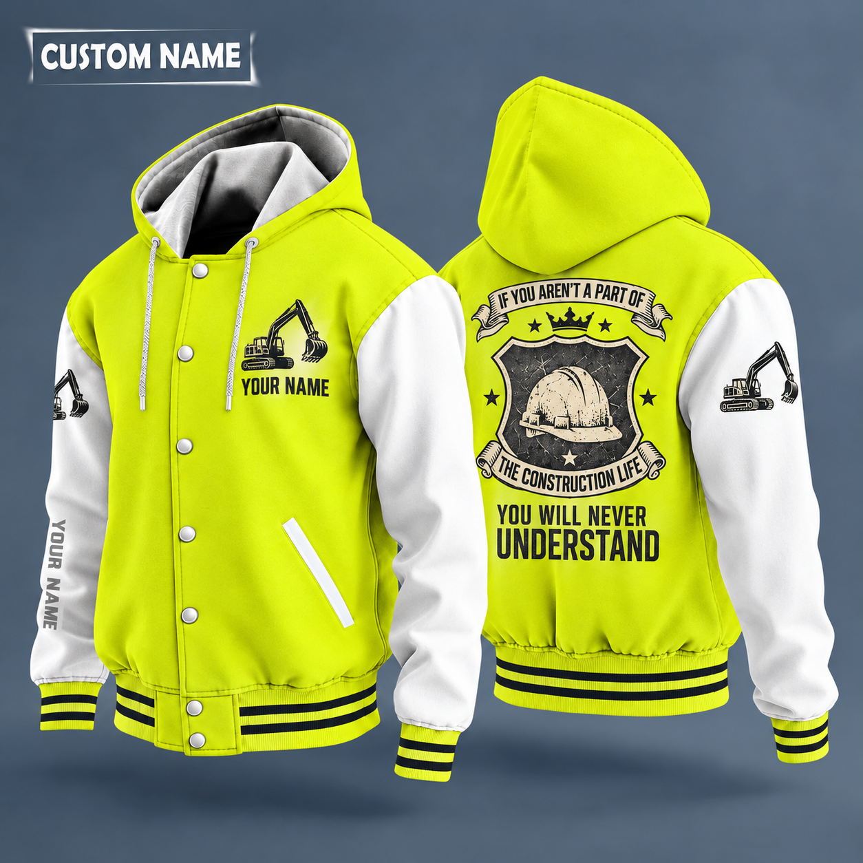 Hooded letterman jacket with white sleeves, hard hat on the back, "BUILT" lettering and a custom name on the chest under a small icon