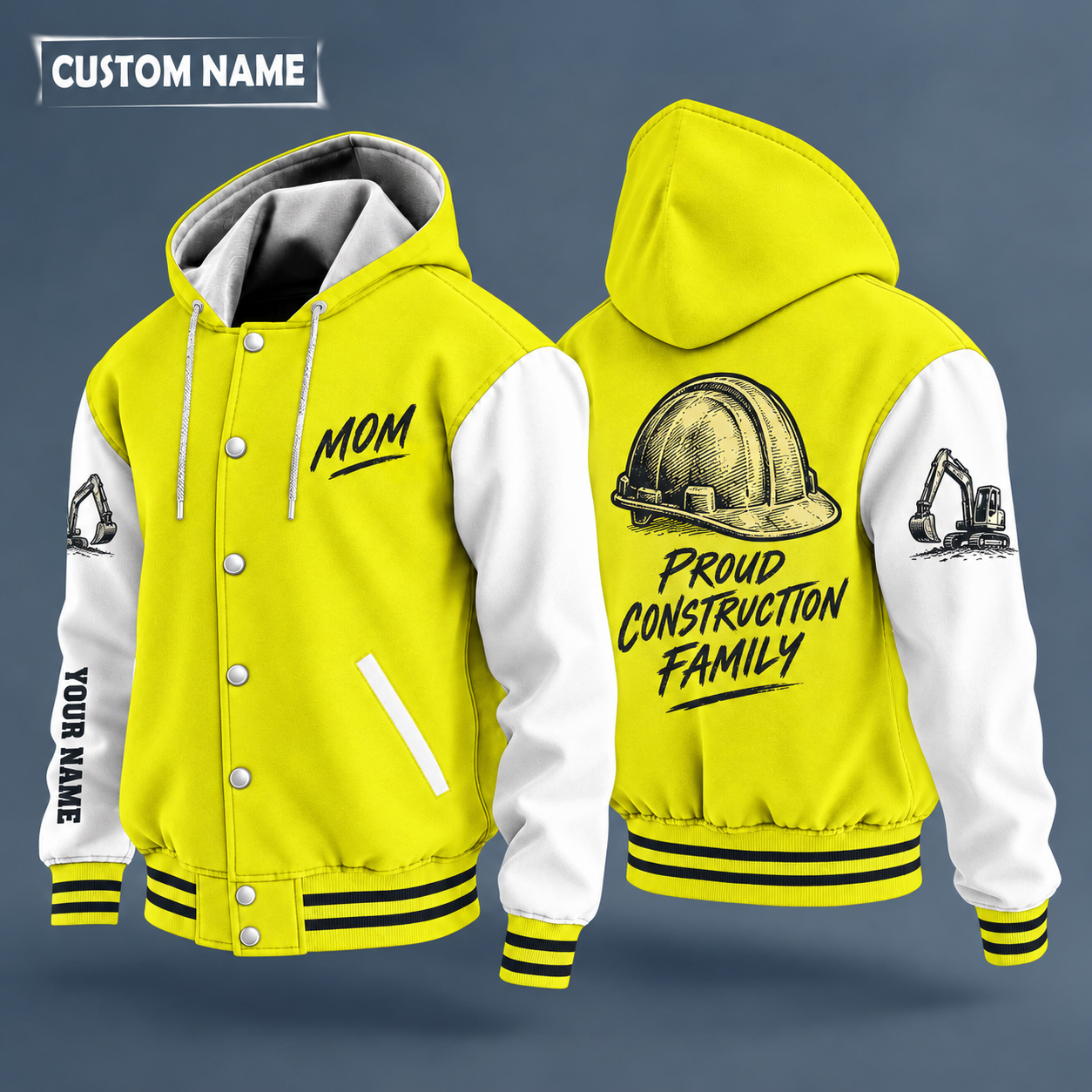 Hooded letterman jacket with white sleeves, hard hat on the back, "MOM" lettering and a custom name down one sleeve
