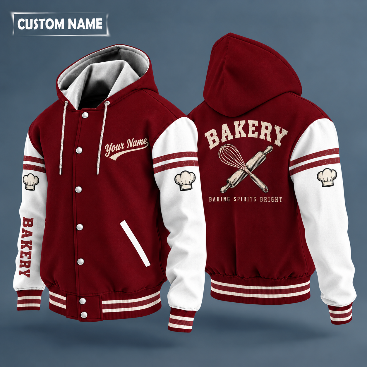 Hooded letterman jacket with white sleeves, whisk and rolling pin on the back, "BAKERY" lettering and a custom name in script on the chest