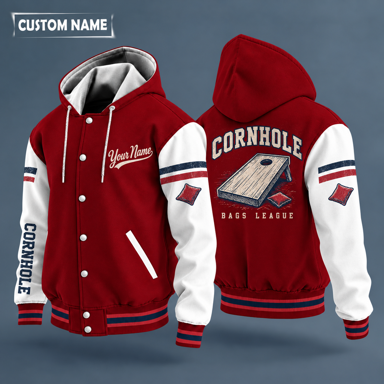 Hooded letterman jacket with white sleeves, cornhole board on the back, "CORNHOLE" lettering and a custom name in script on the chest