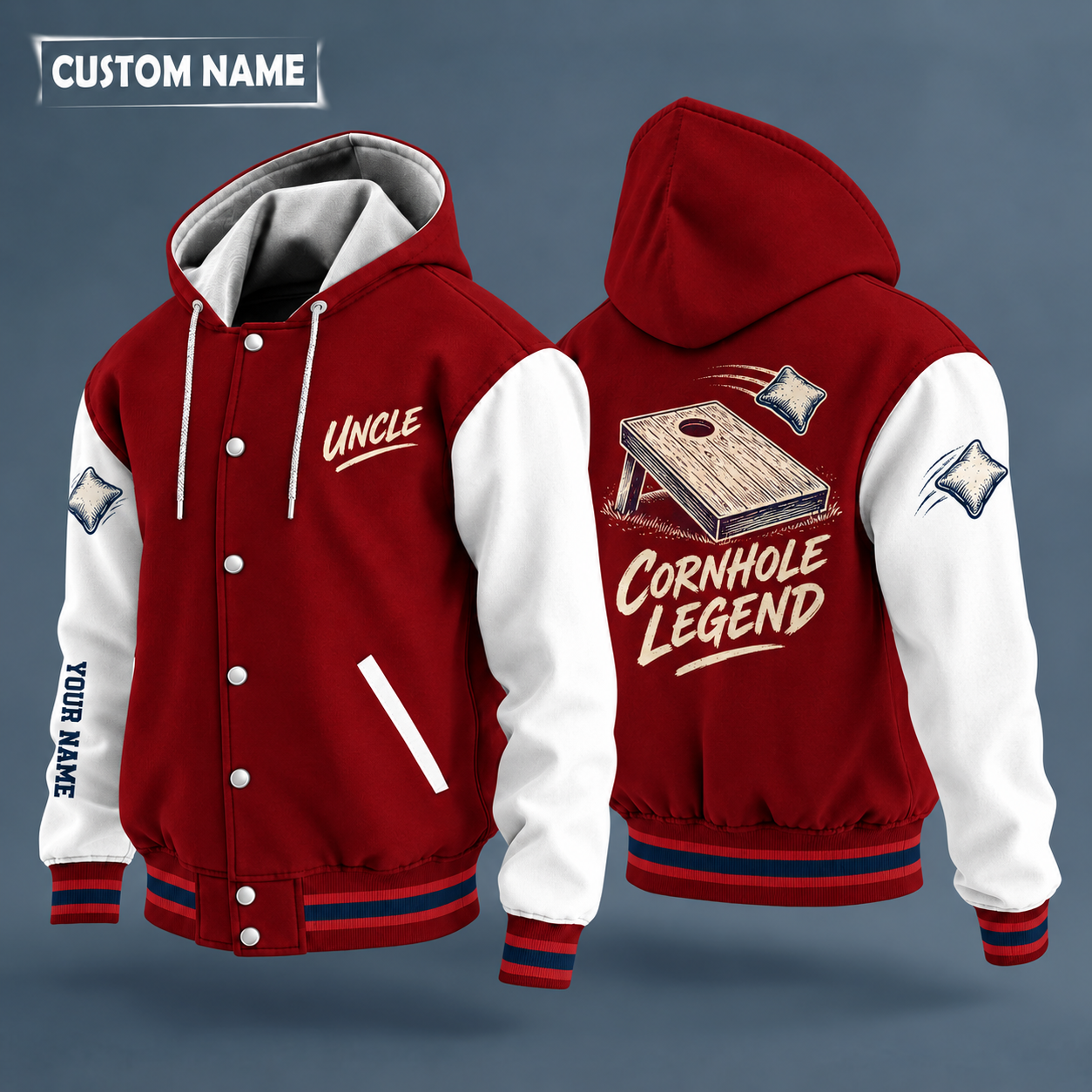 Hooded letterman jacket with white sleeves, cornhole board on the back, "UNCLE" lettering and a custom name down one sleeve